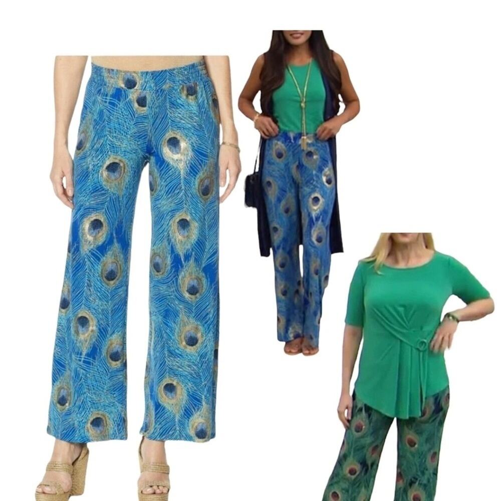 IMAN Blue GC Luxury Peacock Palazzo Pants Stretch 3XLT NEW PULL ON NEW